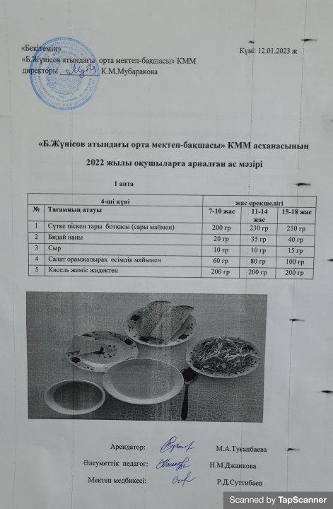 Күнделікті меню 9-12 қаңтар